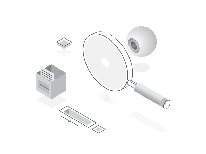 Magnifying glass over documents and ear buds